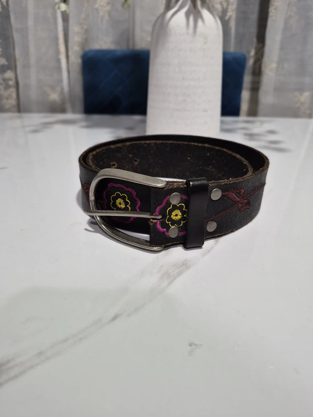 Linea Pelle Black Leather Belt with Pink and Yellow Floral Accent